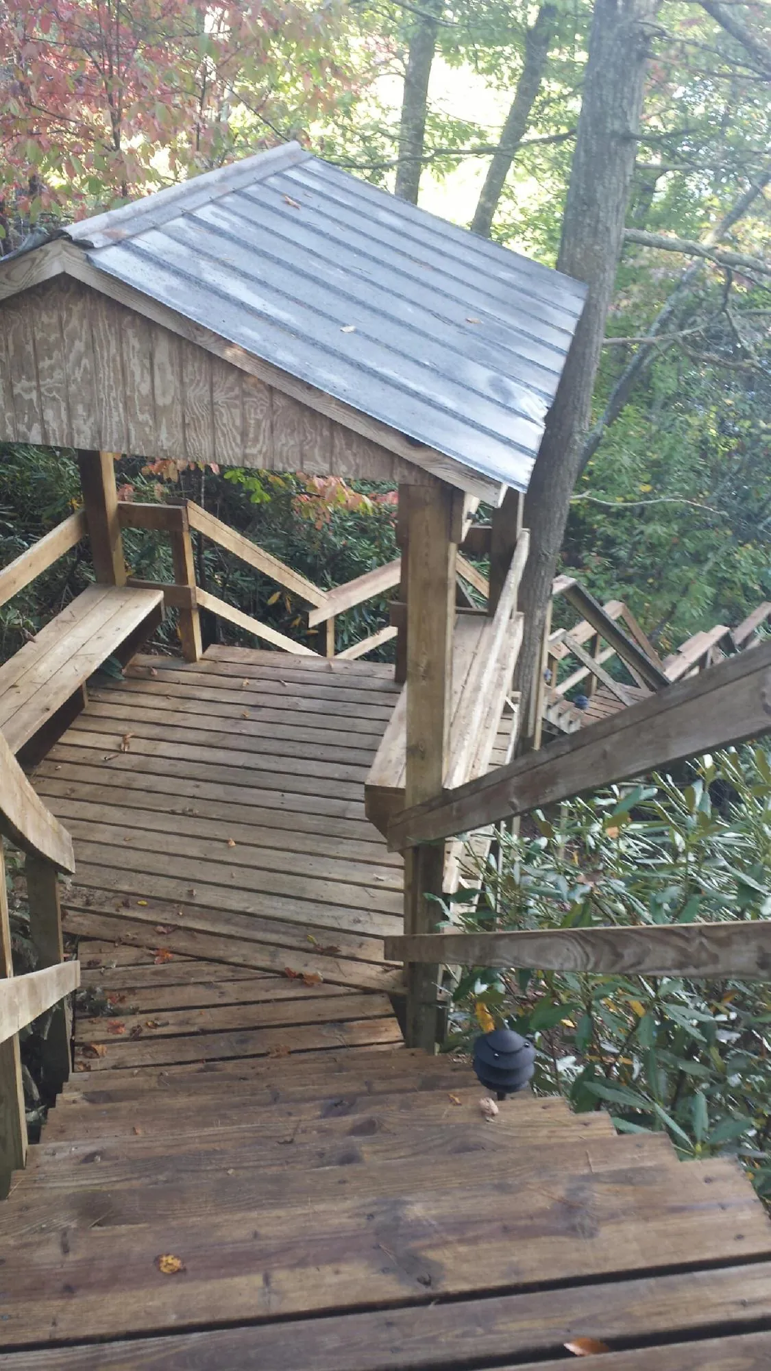 Metal roofed shelter over wooden steps on a wooded walkway — Skylight Repair & Installation work by our crew in Wabasha